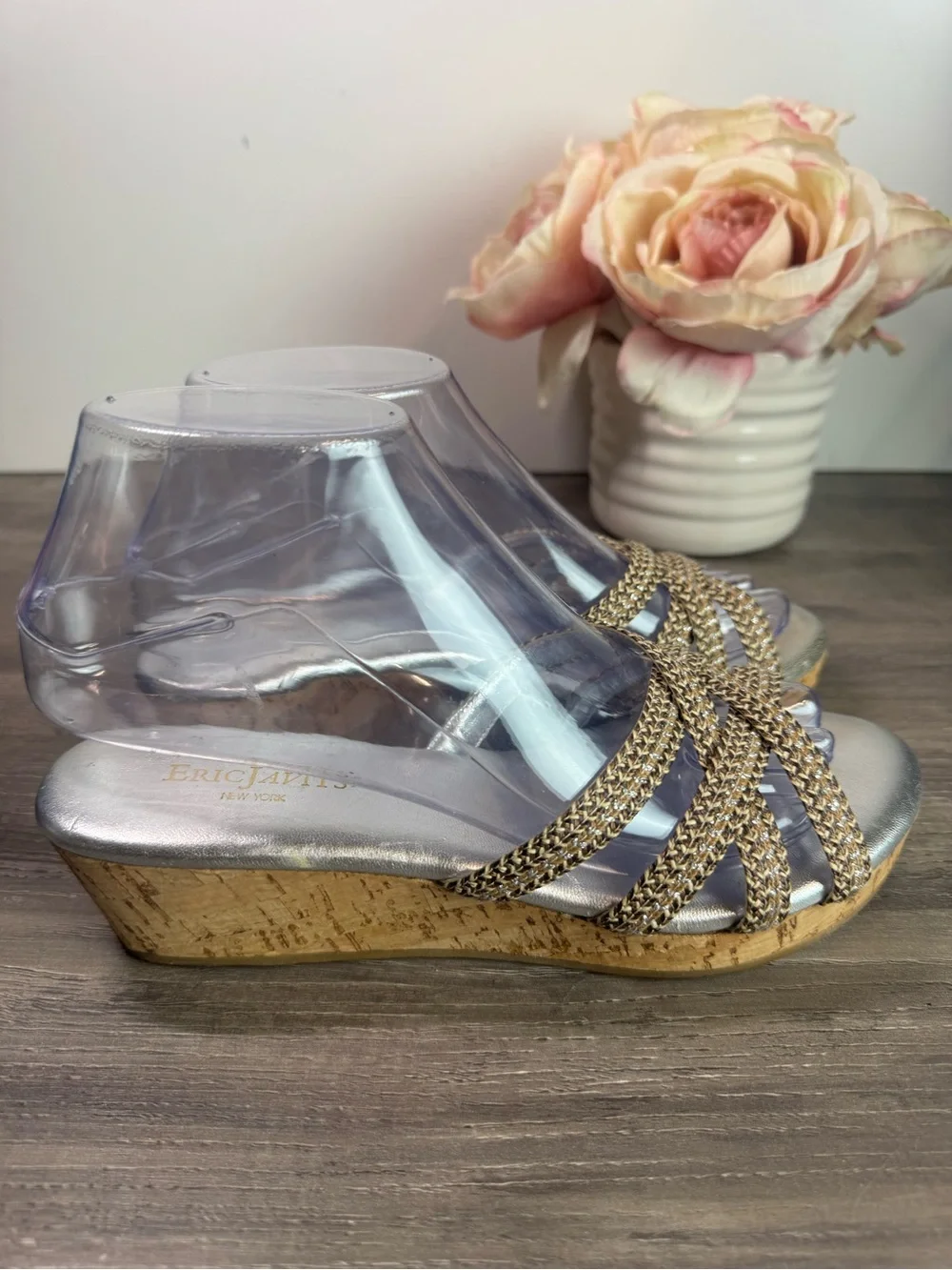 Eric Javits Raffia Metallic Braid cork wedge sandals size 7